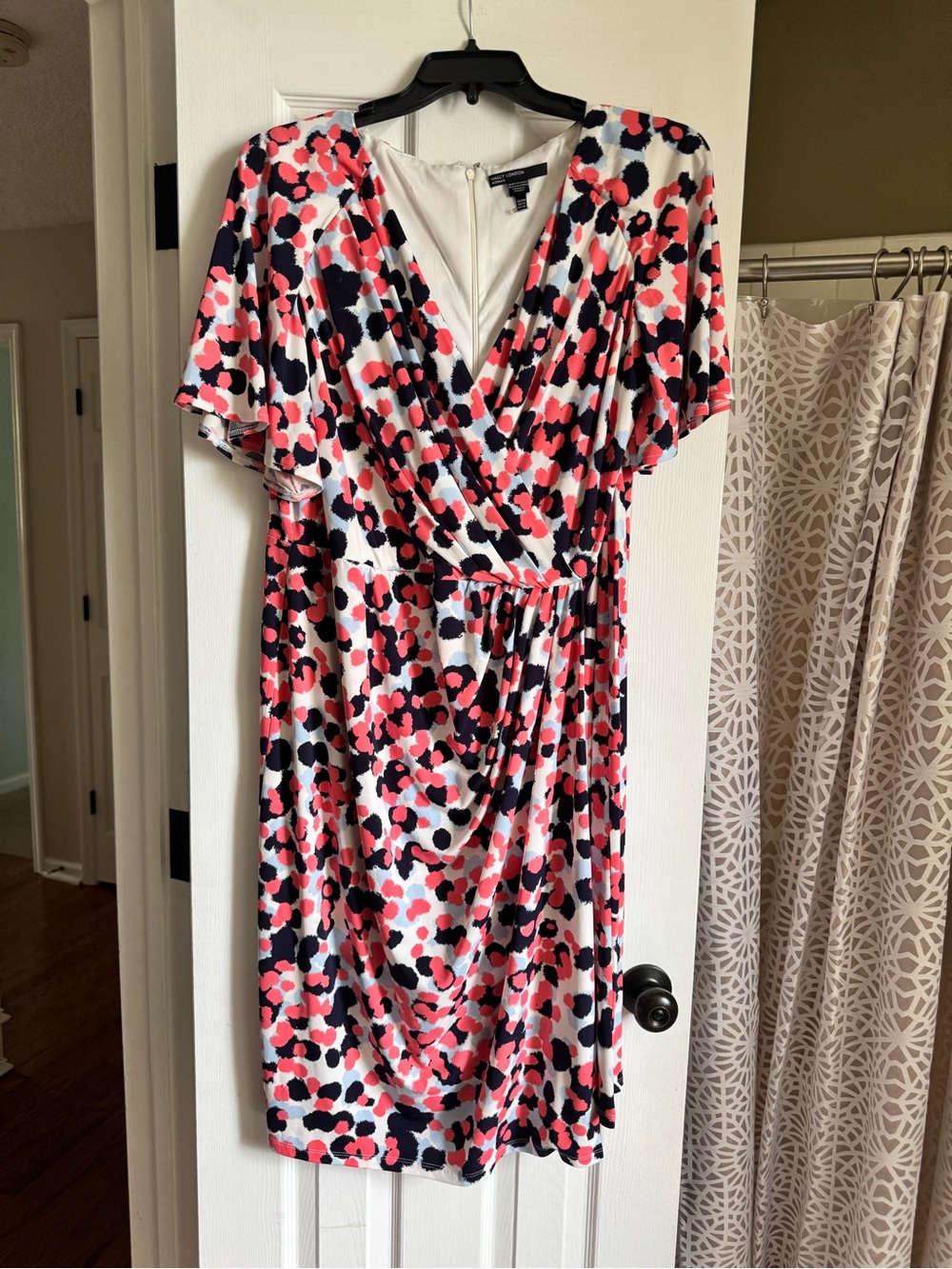 Maggy London Coral, Navy, and Blue Dotted Midi Wrap Dress